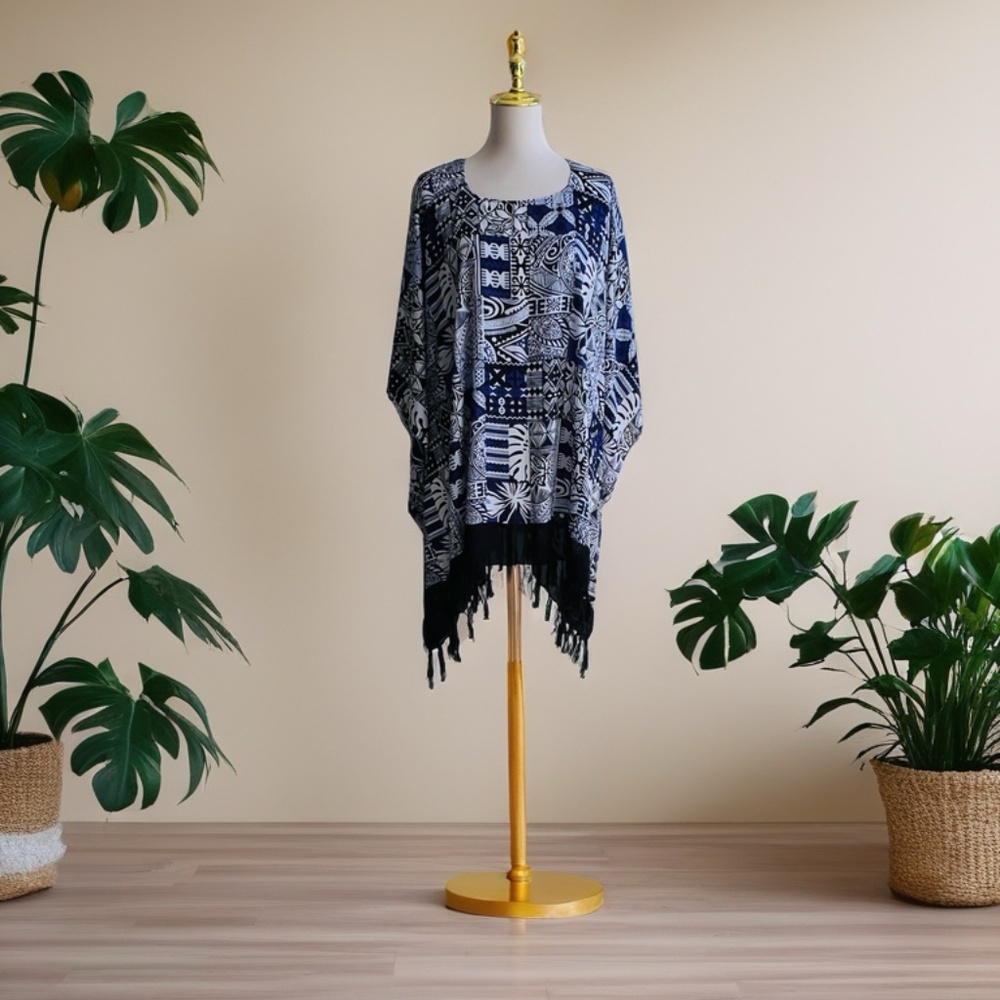 0122/ Black Purple Patterns Poncho with fringed, Tropical Pattern Poncho